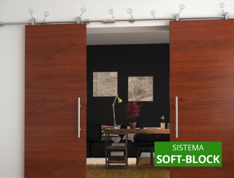 Kit scorrevole porta legno doppia sistema soft-block.