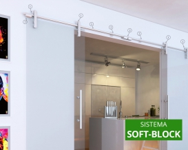 Kit scorrevole porta vetro doppia su muro sistema soft-block.
